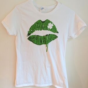 White T-Shirt with Green Lips Graphic